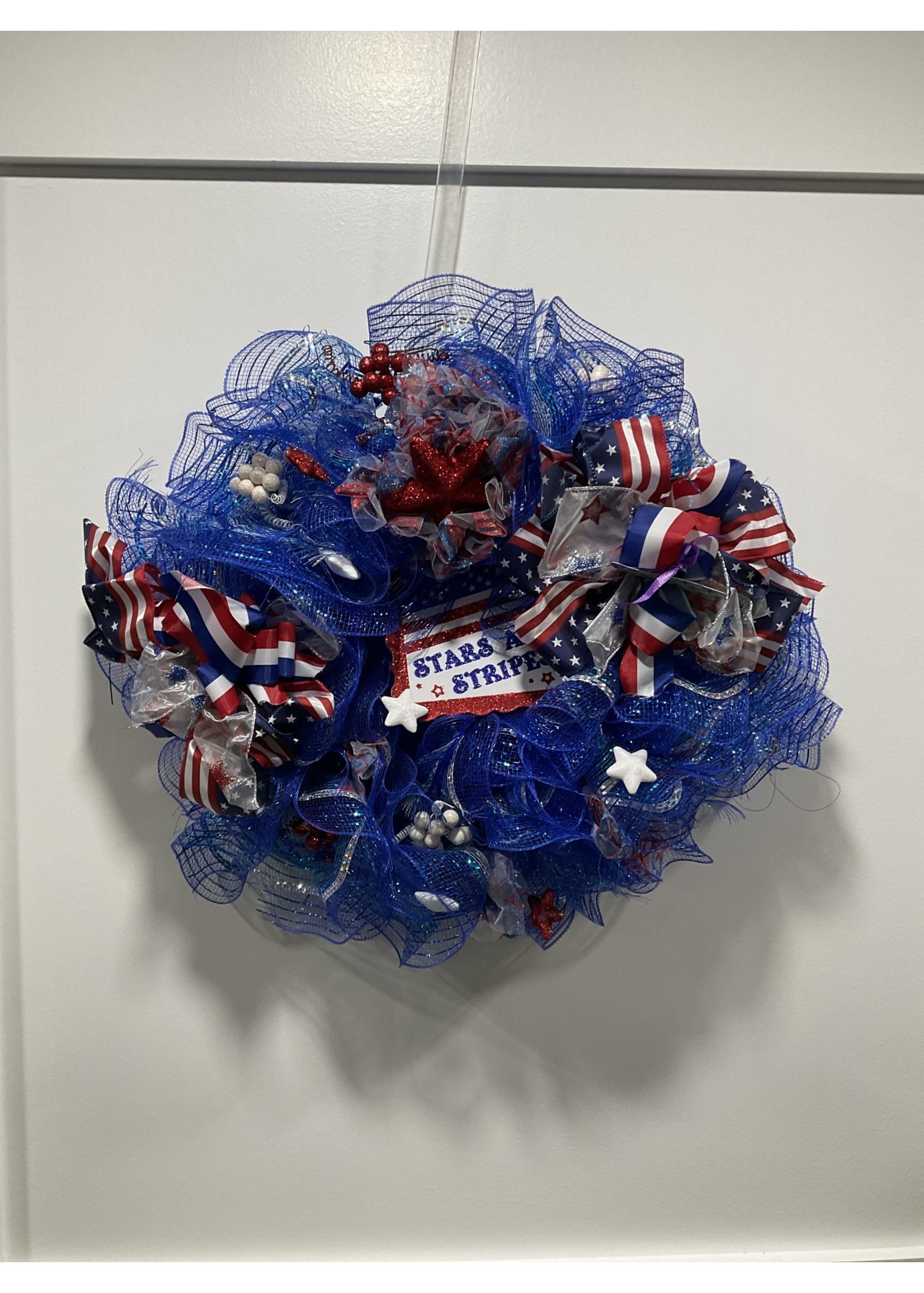 My New Favorite Thing 1232 Wreath Mesh 22 in-Blue "Stars & Stripes" w/Stars and Patriotic Ribbon