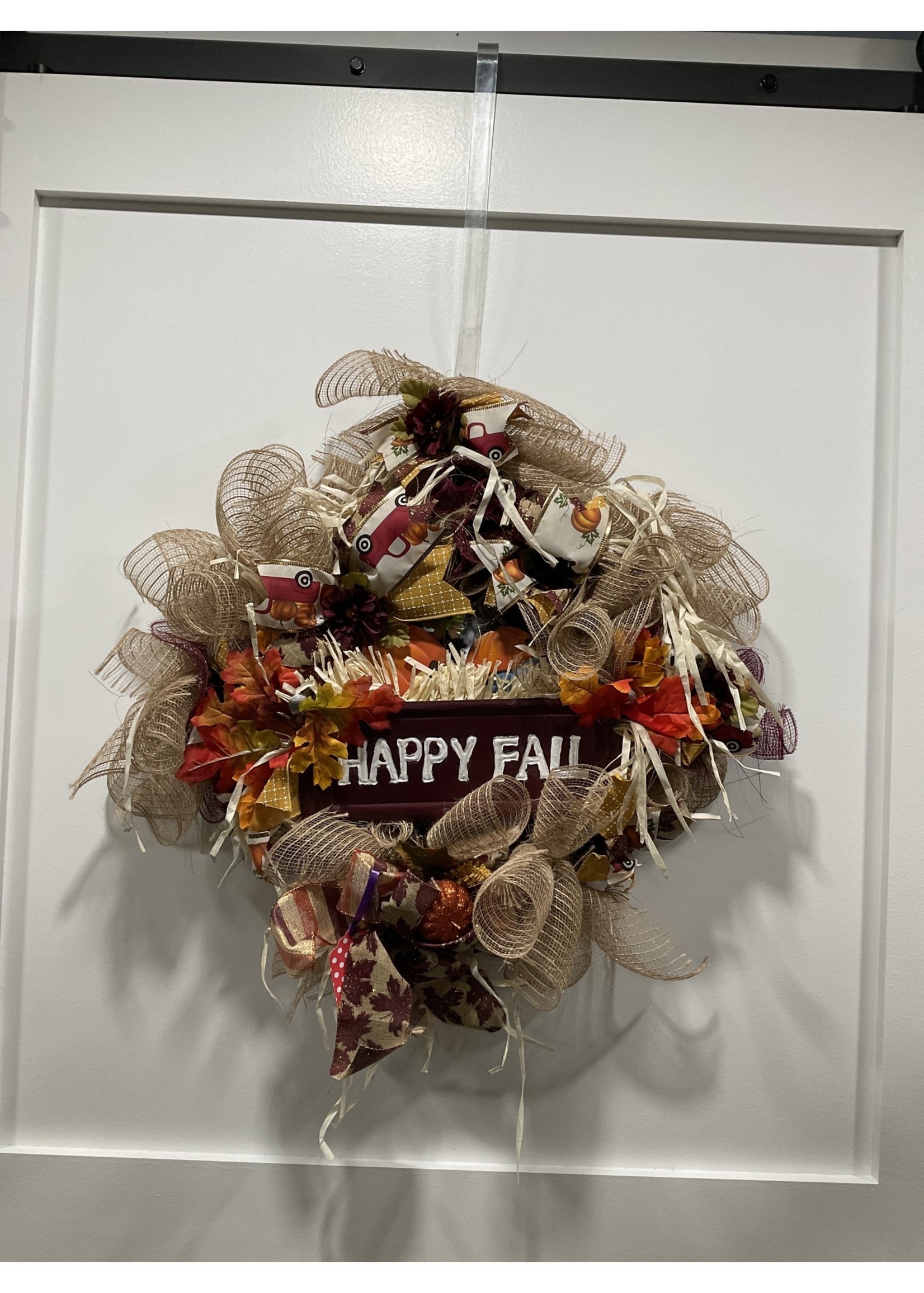 My New Favorite Thing 1337 Wreath Mesh Square 26 in-Tan "Happy Fall" w/Red Truck Ribbon