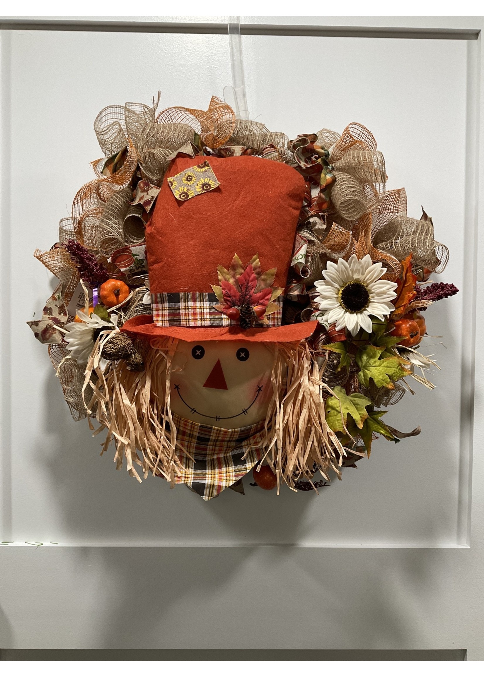 My New Favorite Thing 1343 Wreath Mesh 24 in-Tan w/Large Felt Scarecrow Head and White Flower and Multi Ribbon