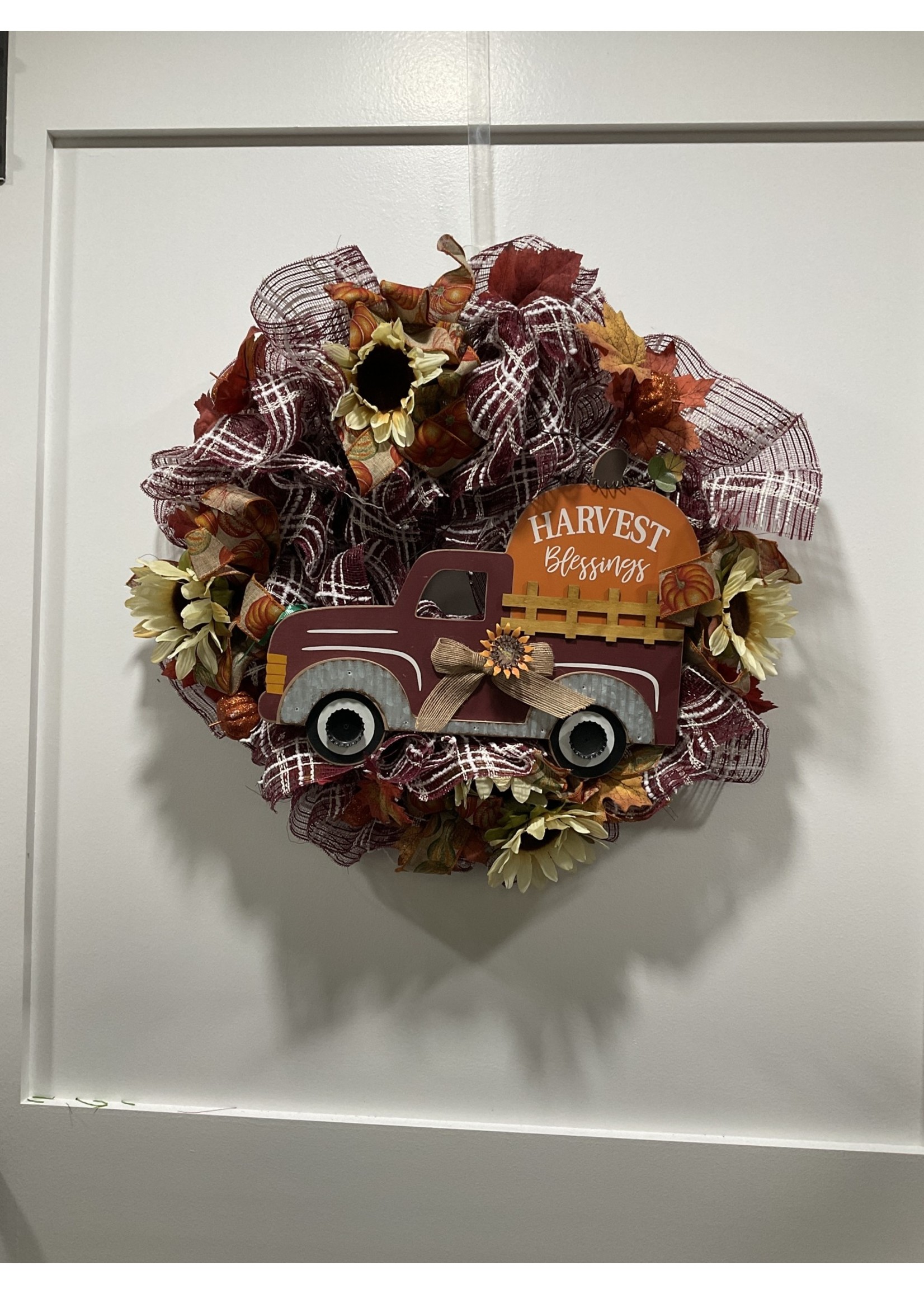 My New Favorite Thing 1656 Wreath Mesh 22 in-Maroon and White Red Truck "Harvest Blessings" w/White Flowers and Pumpkin Ribbon