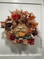My New Favorite Thing 1663 Wreath Mesh 22 in-Orange Check Turkey "Give Thanks" w/Flowers and Turkey Ribbon