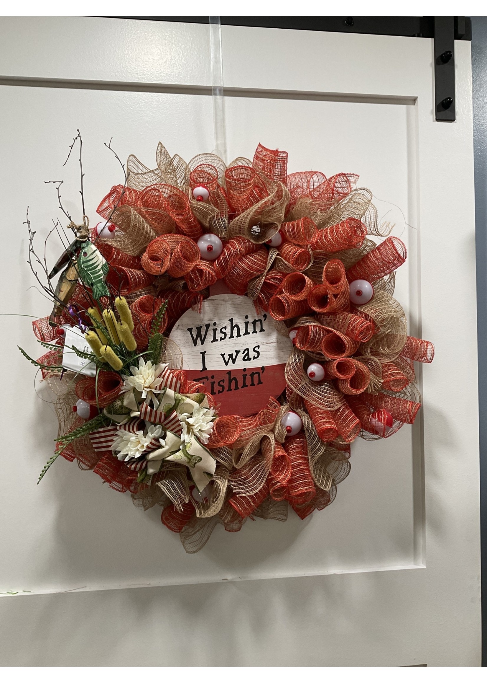 My New Favorite Thing Wreath Mesh 28 in-Tan and Orange "Wishing I Was Fishing" w/Fish and Bobbers and Fish Ribbon