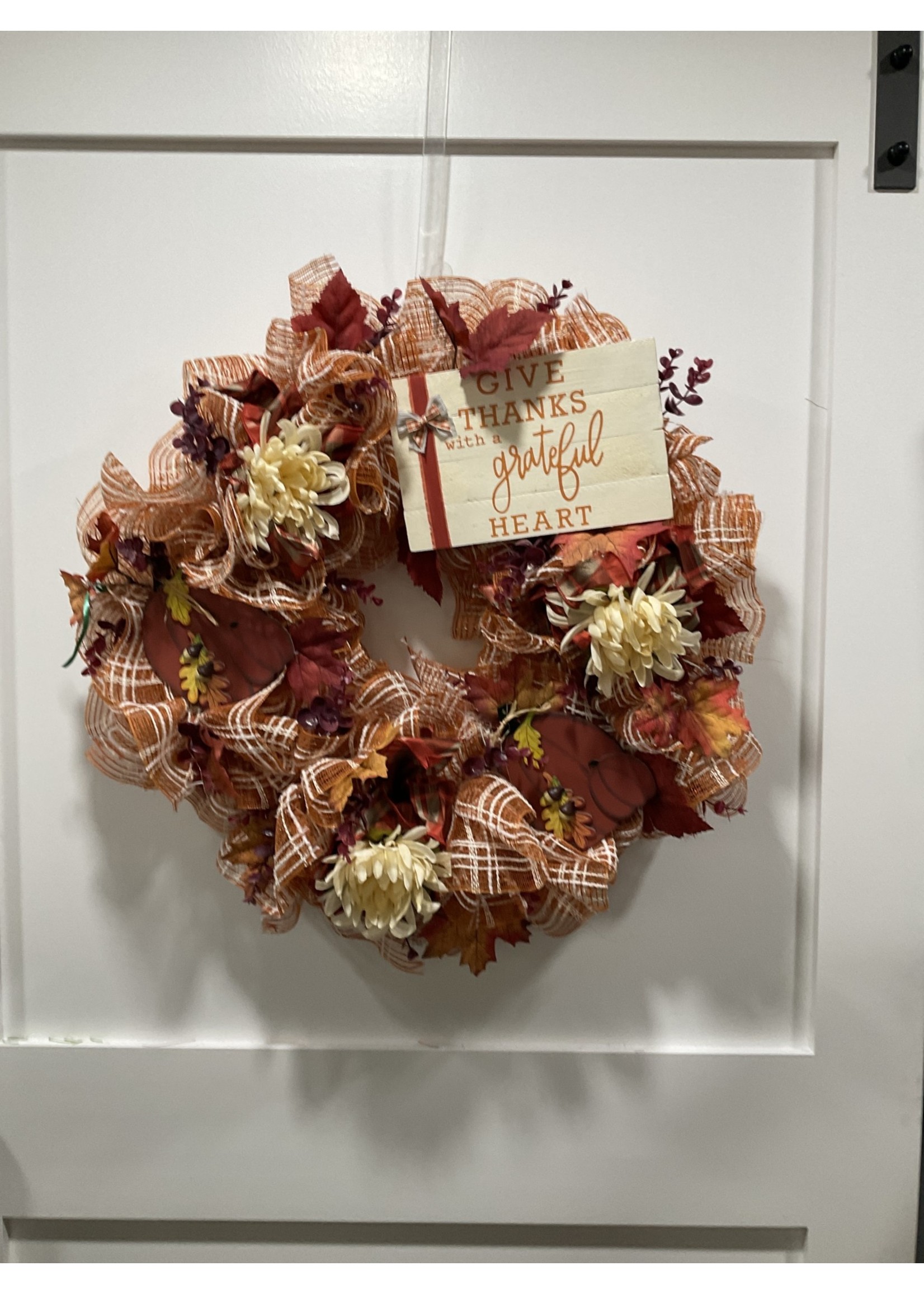 My New Favorite Thing Wreath Mesh 25 in-Orange and White "Give Thanks" w/Pumpkins and Leaves and Red Plaid Ribbon