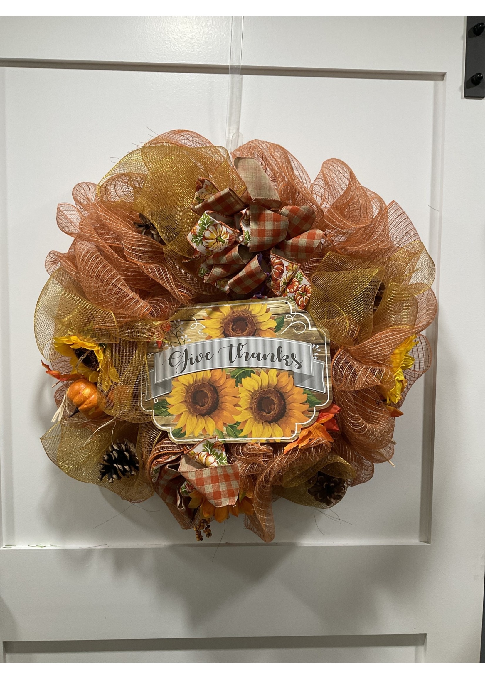 My New Favorite Thing Wreath Mesh 28 in-Orange and Gold "Give Thanks" w/Sunflowers and Orange Check and Pumpkin Ribbons