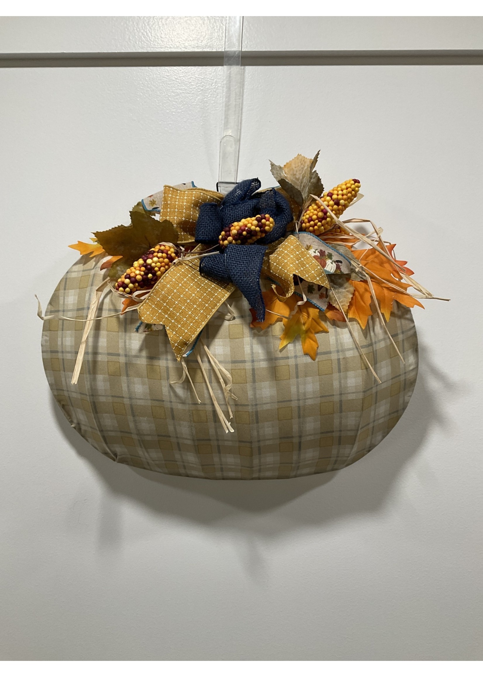 My New Favorite Thing 1437 Pumpkin Frame 17 in-Tan Plaid w/Corn and Blue and Tan Checked Ribbons