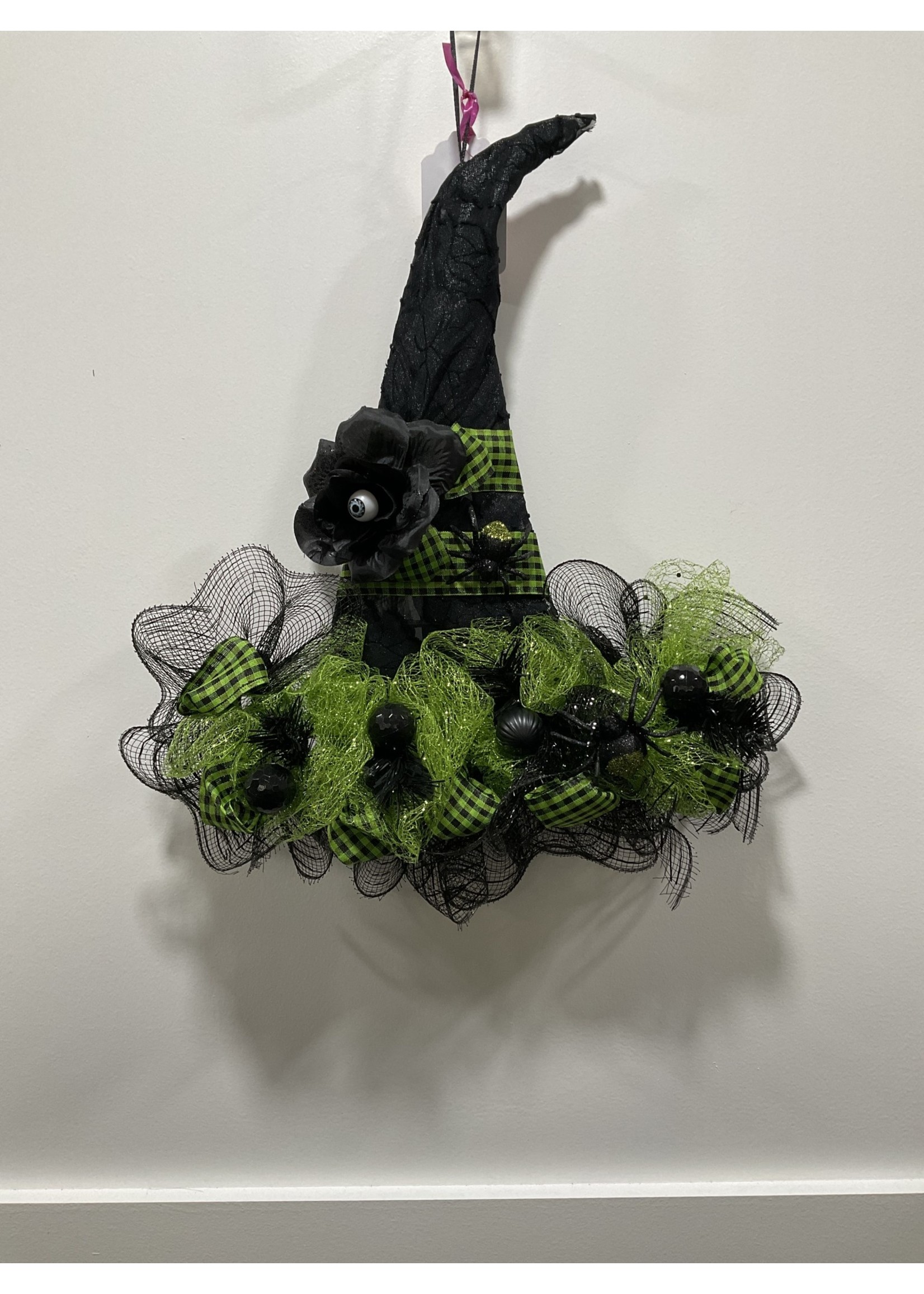 My New Favorite Thing 1808 Witch Hat 17 in-Black and Green Check w/Black Eyeball Flower and Green Check Ribbon