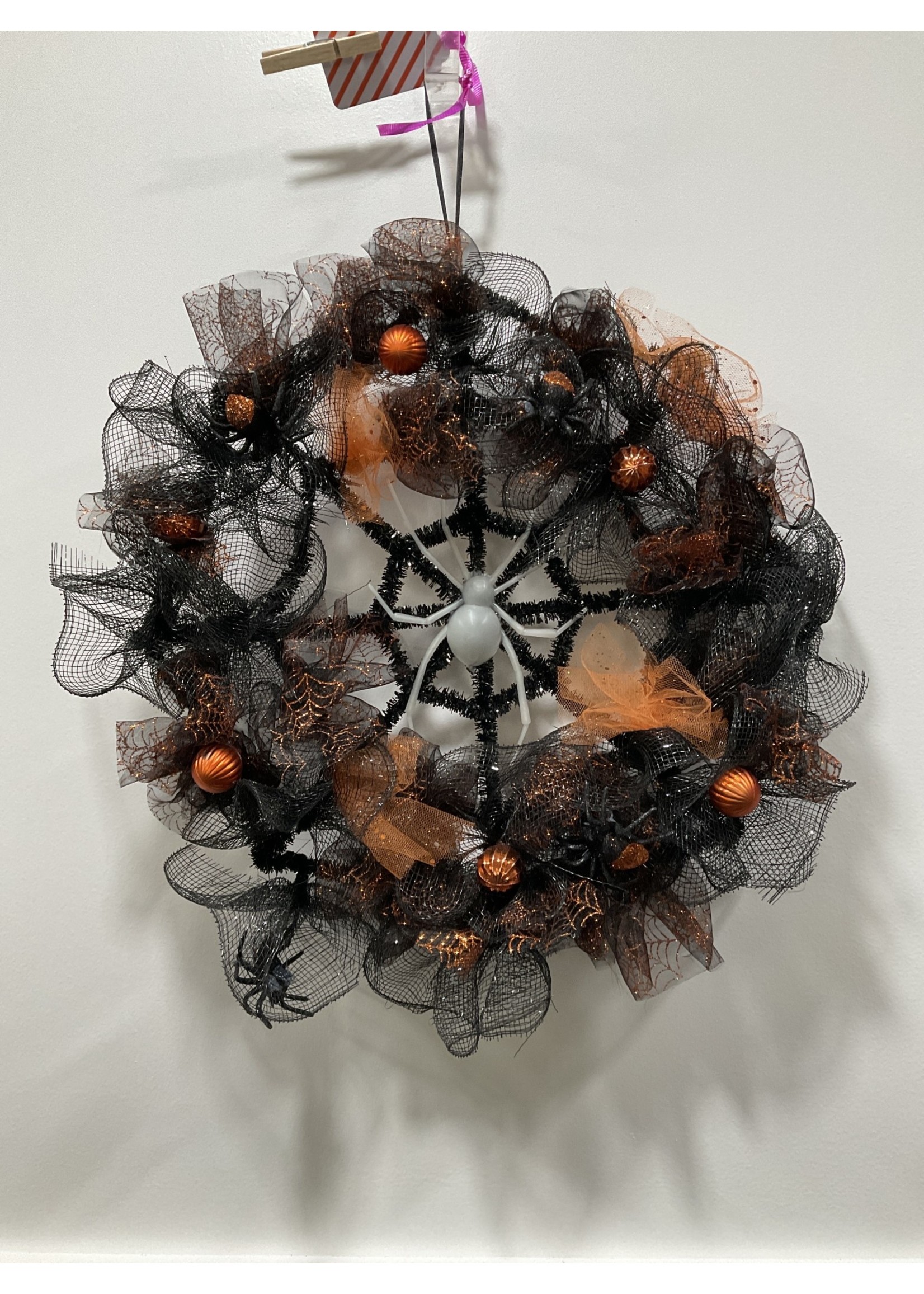 My New Favorite Thing 1827 Wreath Mesh Spider 18 in-Black and Orange w/Spiders and Orange Bulbs