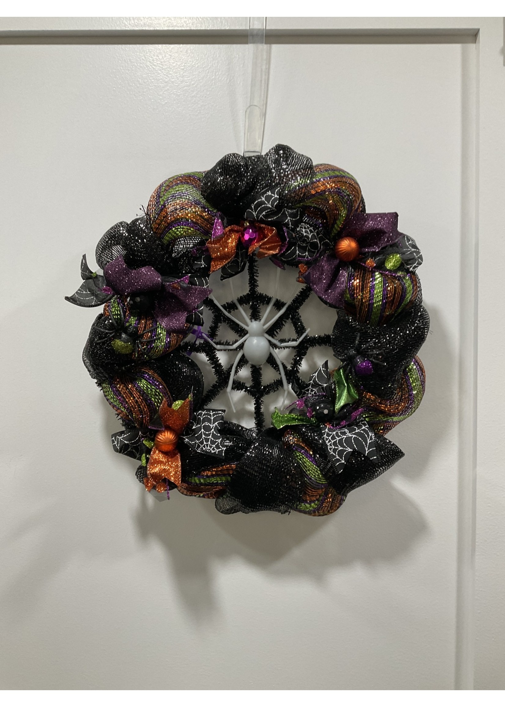 My New Favorite Thing 1318 Wreath Mesh Spider 18 in-Black and Multi Striped w/Black Web Ribbon and Purple Bows