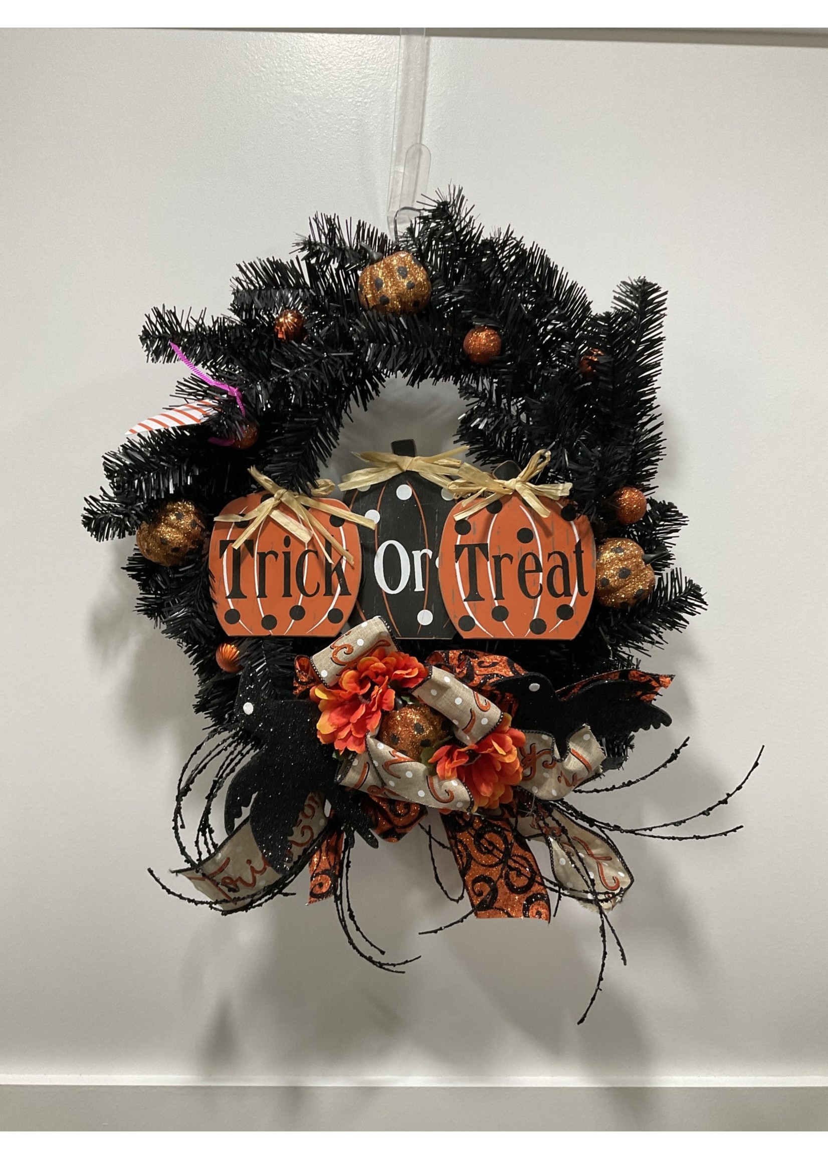My New Favorite Thing 1842 Wreath Evergreen Black 21 in-"Trick or Treat" w/Crow and Trick or Treat Ribbon