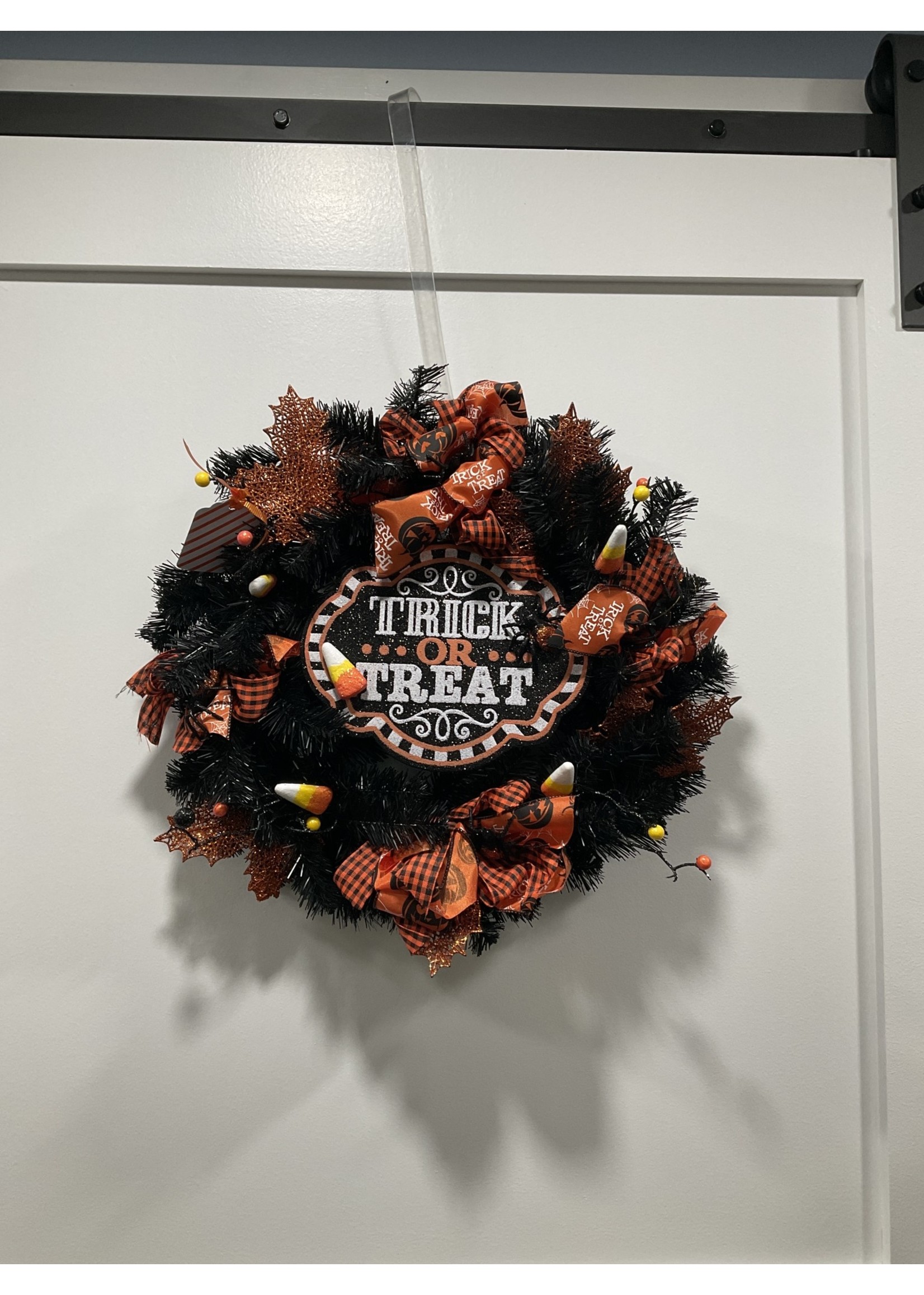 My New Favorite Thing 1794 Wreath Evergreen Black 21 in-"Trick or Treat" w/Candy Corn and Trick or Treat Ribbon