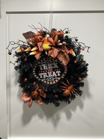 My New Favorite Thing 1843 Wreath Evergreen Black 21 in-"Trick or Treat" w/Orange Spider Candy Corn and Happy Halloween Ribbon