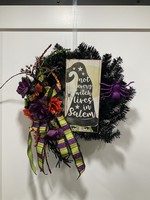 My New Favorite Thing 1846 Wreath Evergreen Black 21 in-"Not Every Witch" w/Purple Flowers and Purple Striped Ribbon