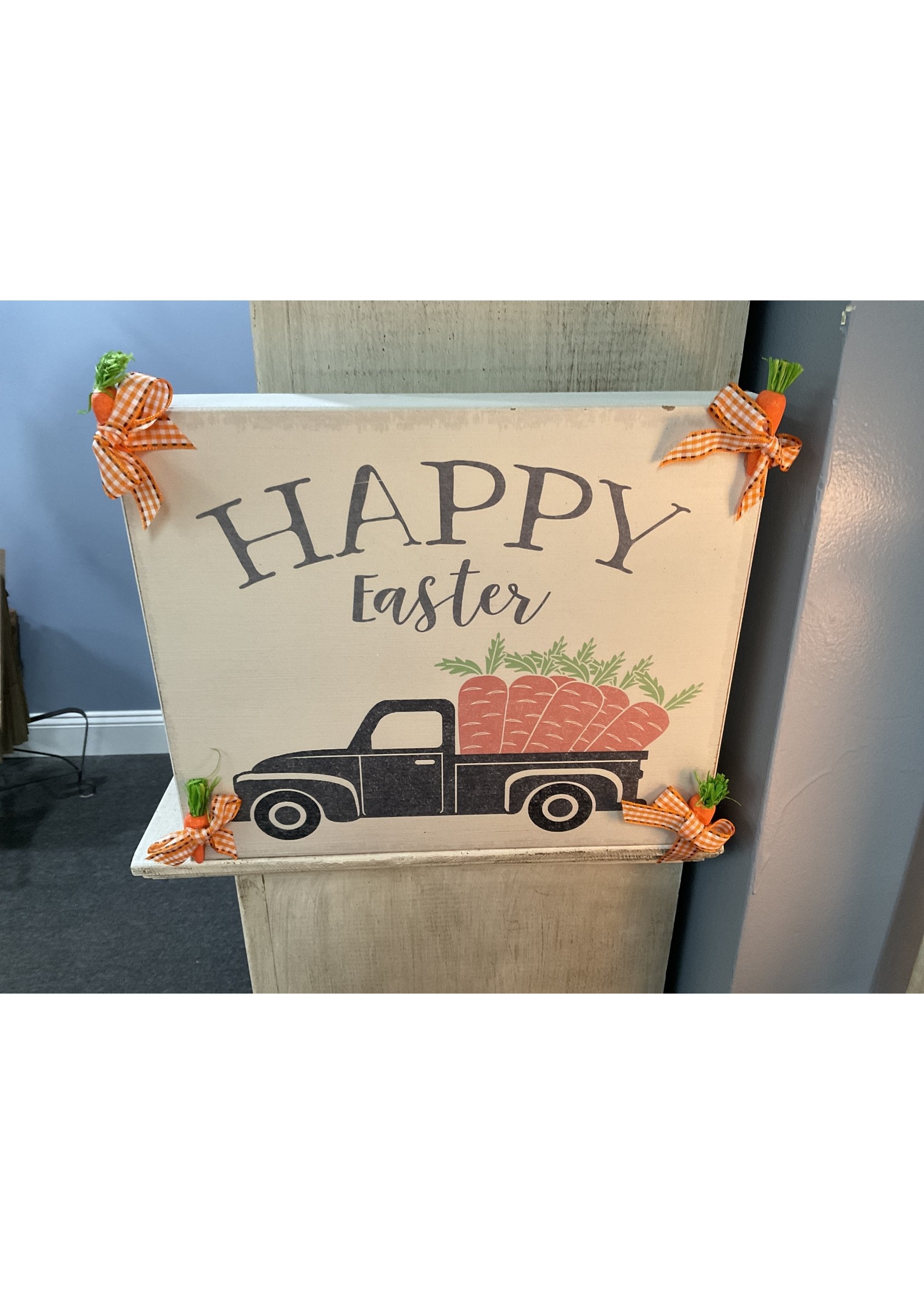 My New Favorite Thing 454 Sign 10x12-"Happy Easter" w/Black Truck and Carrot/Gingham Ribbon on Frame Corners