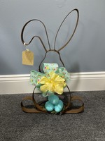 My New Favorite Thing Centerpiece Metal Rabbit 13x20 3 Blue Eggs w/Yellow Gingham and Green Flower Ribbons
