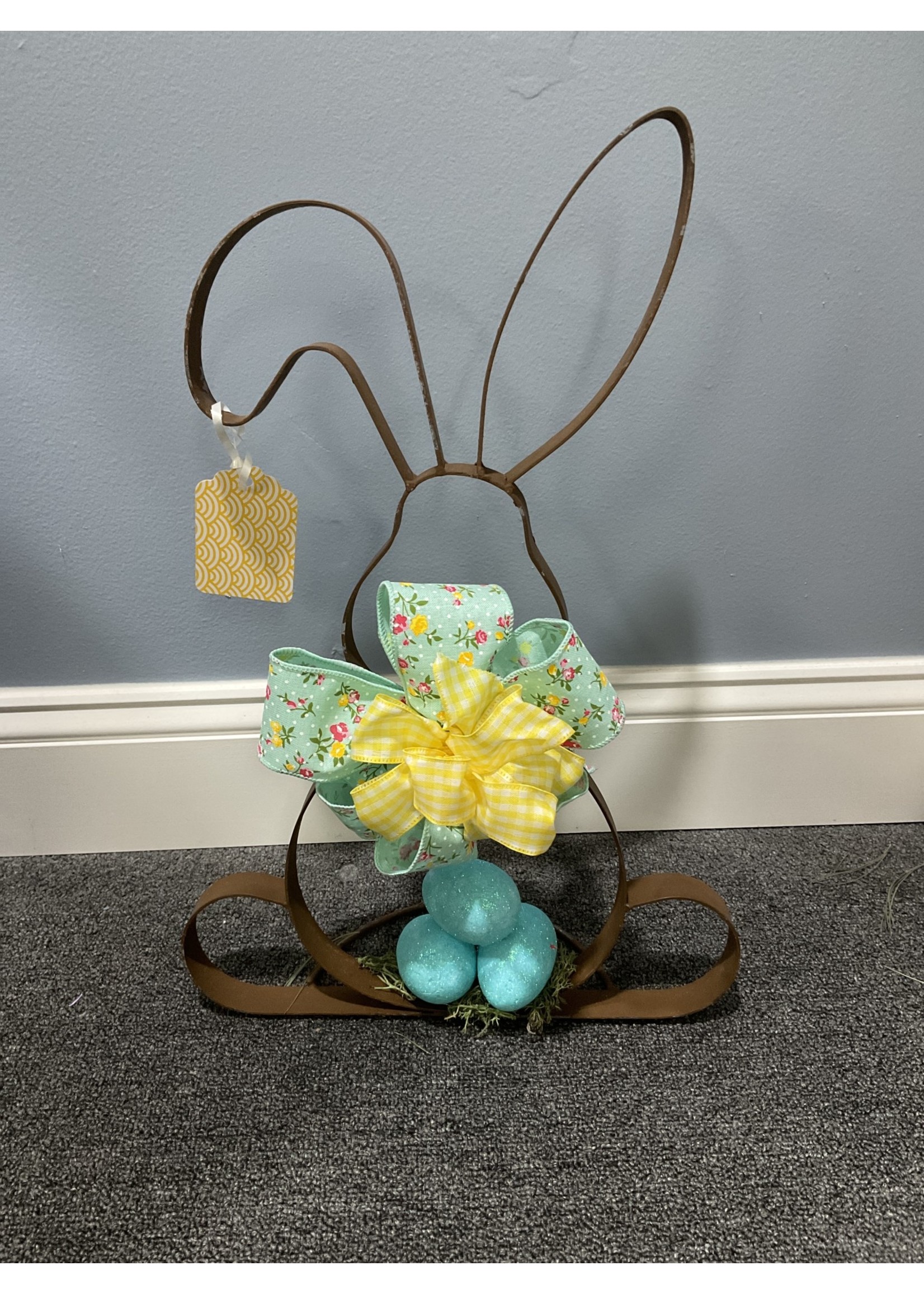 My New Favorite Thing Centerpiece Metal Rabbit 13x20 3 Blue Eggs w/Yellow Gingham and Green Flower Ribbons