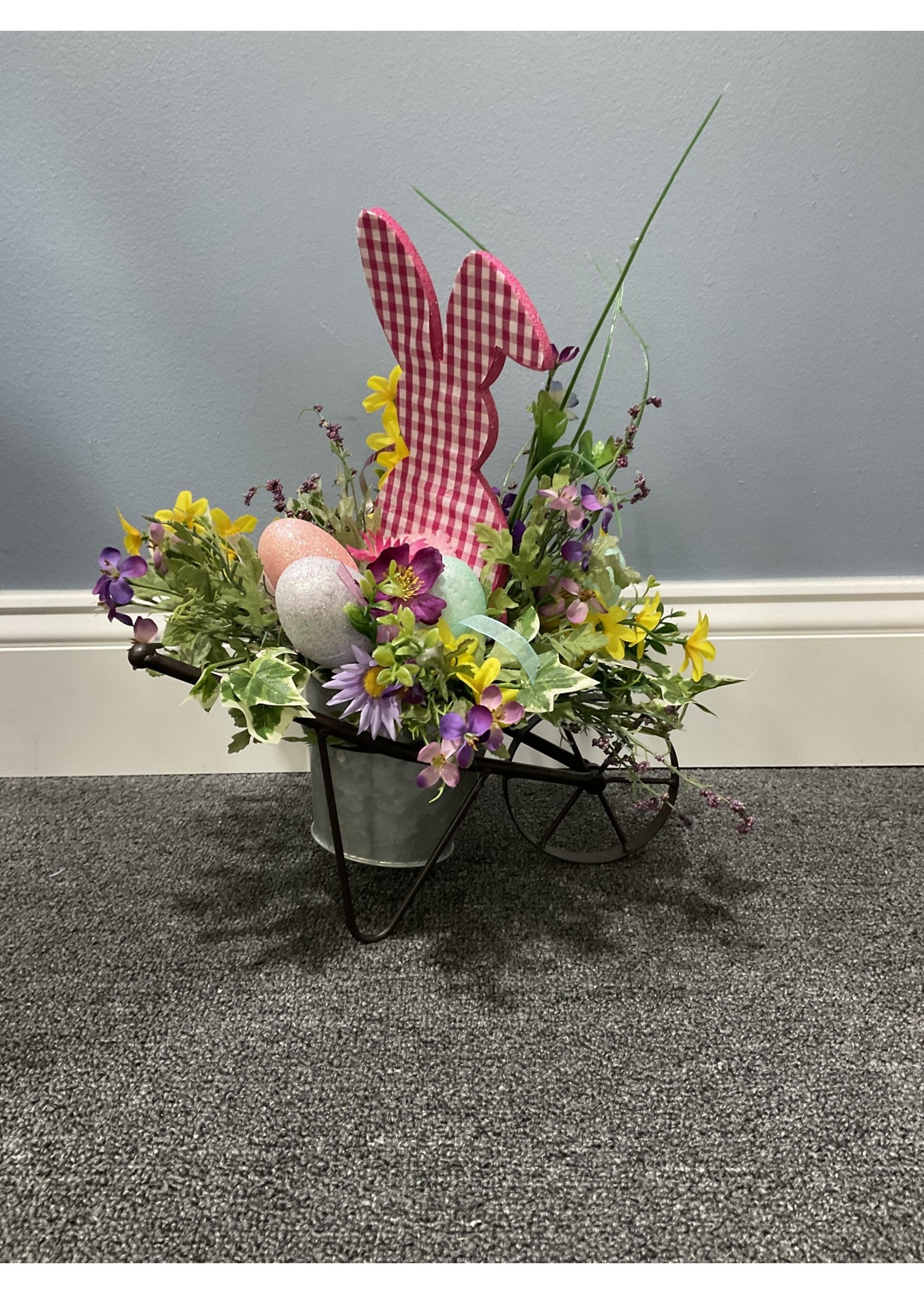 My New Favorite Thing Centerpiece Spring Wheelbarrow 13x13 Pink Striped Bunny w/Flowers and Eggs