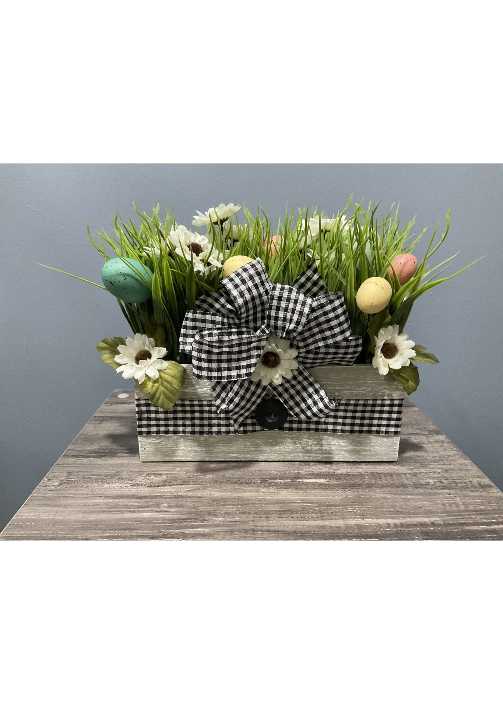 My New Favorite Thing Centerpiece Box 10x10 Eggs, Flowers and Black Gingham Ribbon