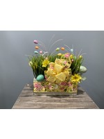My New Favorite Thing Centerpiece Box 10x10 Colored Eggs, Yellow Flowers and Pink Rose Ribbon