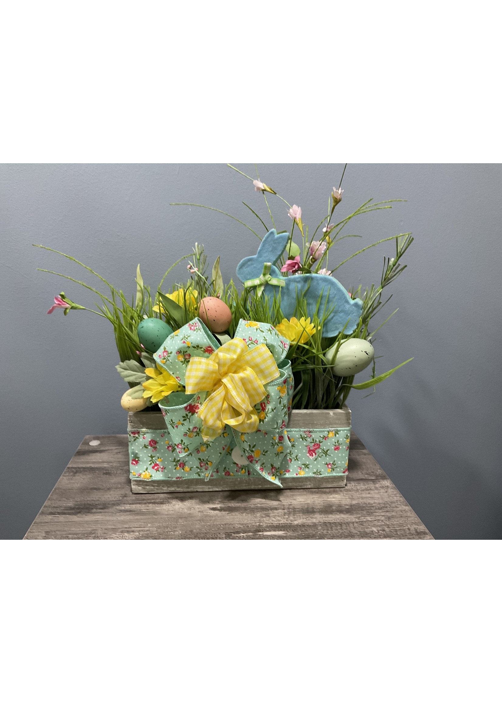 My New Favorite Thing Centerpiece Box 10x10 Blue Bunny, Colored Eggs and Blue Flowered Ribbon