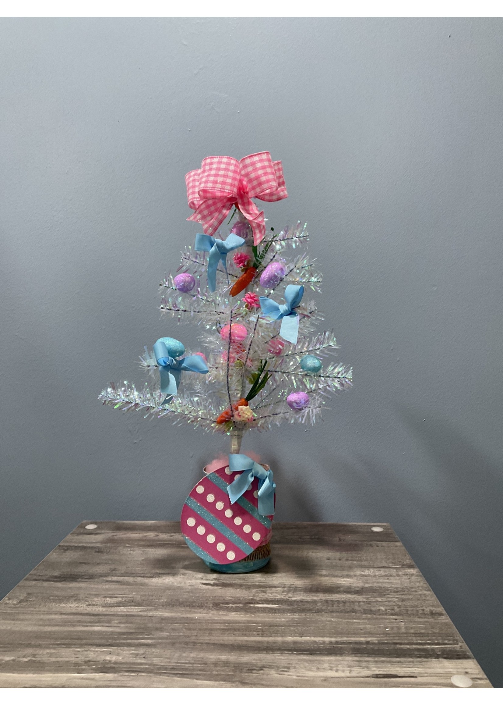 My New Favorite Thing Centerpiece Easter Tree Iridescent 10x18 Blue and Pink Egg w/Pink Gingham Ribbon
