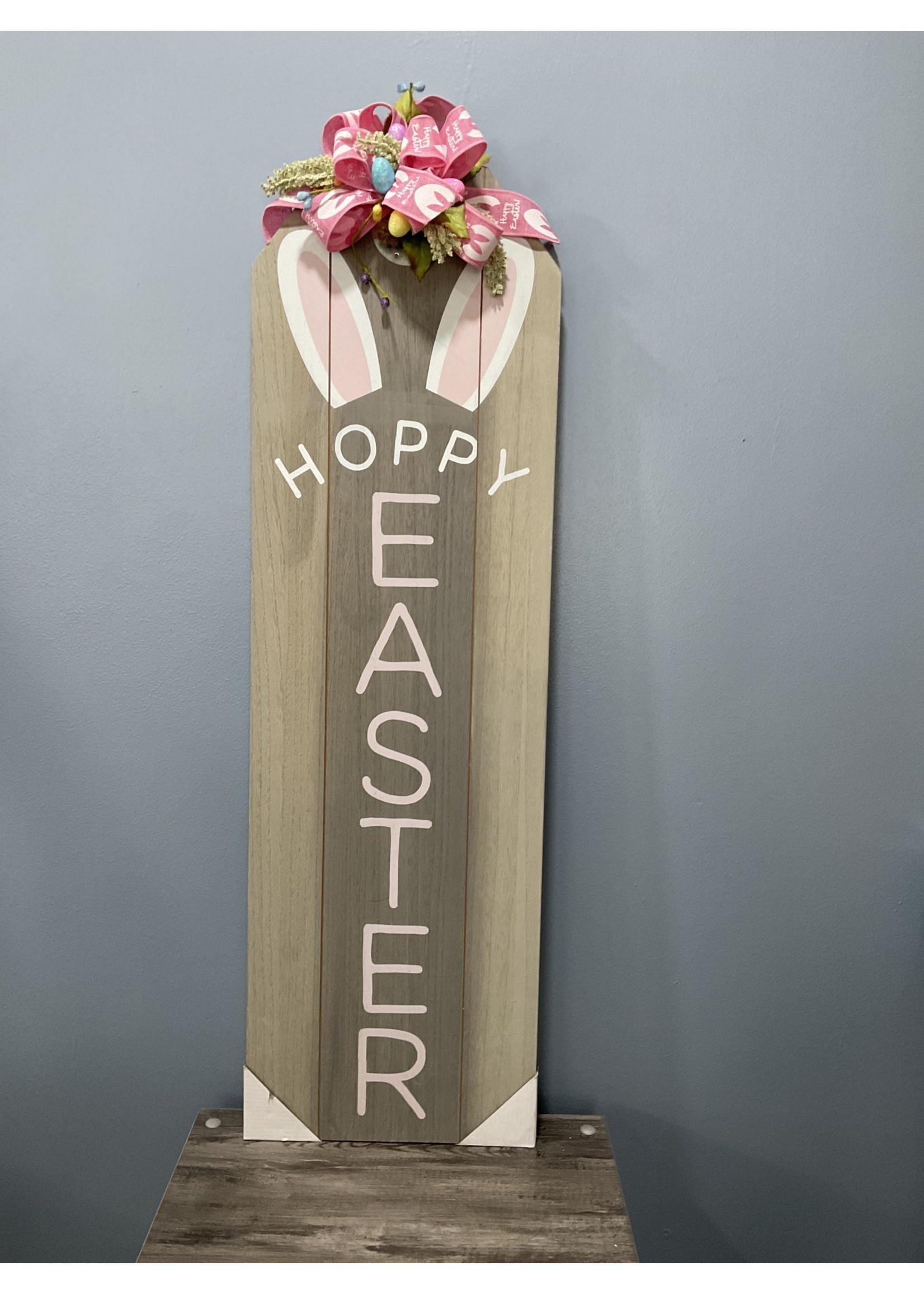 My New Favorite Thing 433 Sign 11x38-Wooden "Hoppy Easter" w/Bunny Ears and Pink Easter Ribbon