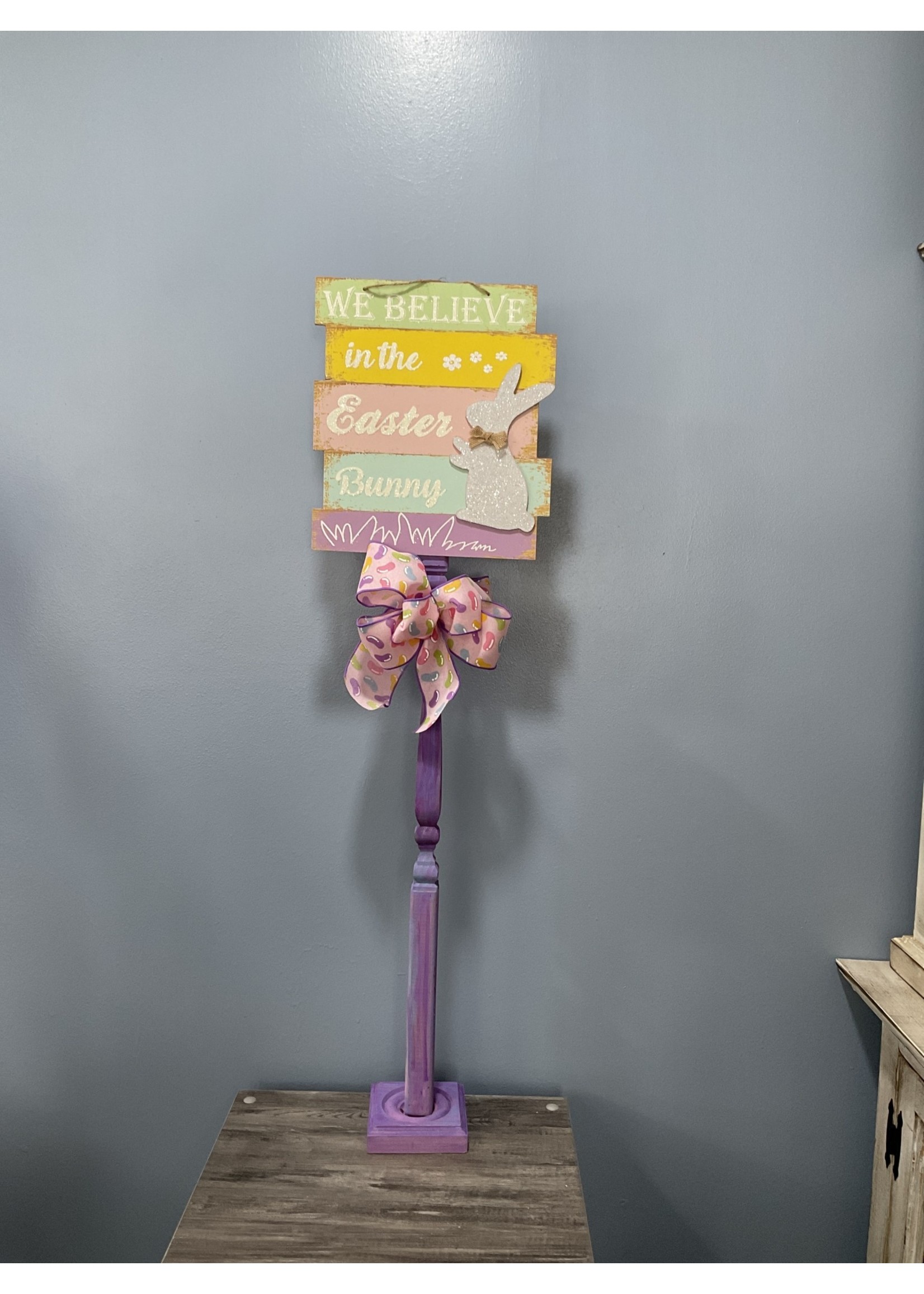 My New Favorite Thing 698 Standing Sign 38 in-Purple w/"We Believe In The Easter Bunny" and Pink Jelly Bean Ribbon