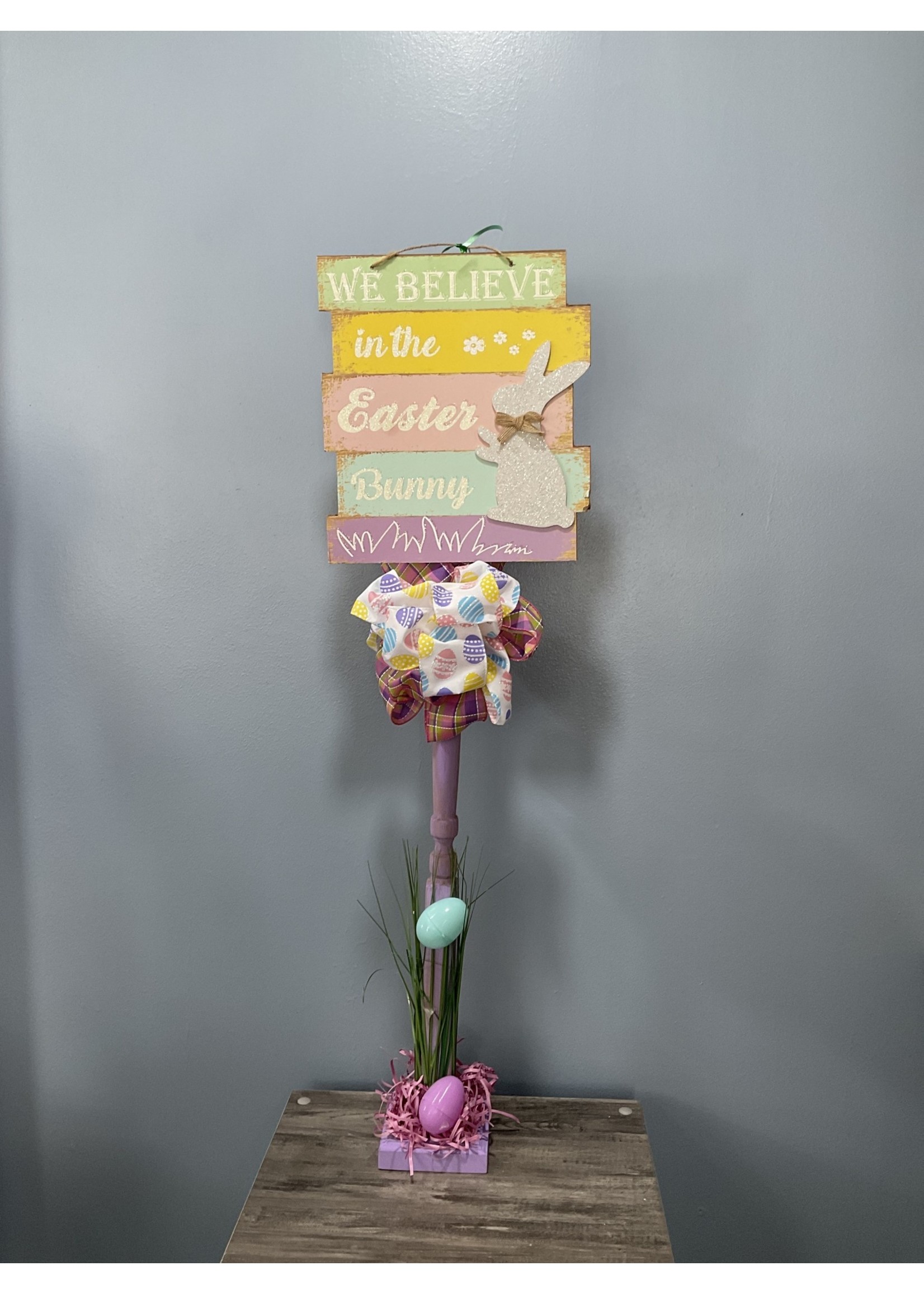 My New Favorite Thing 621 Standing Sign 37 in-Purple w/"We Believe In The Easter Bunny" and Pink Plaid and Egg Ribbons