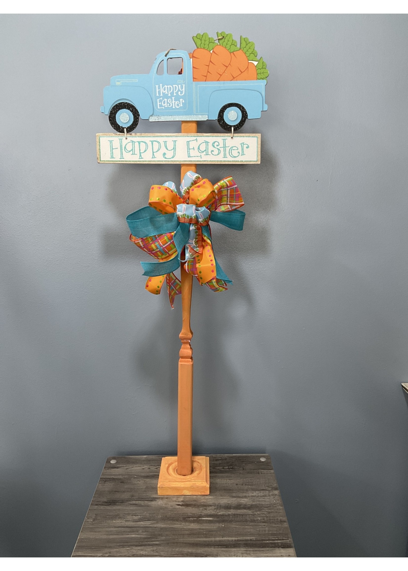 My New Favorite Thing 619 Standing Sign 38 in-Orange w/Blue "Happy Easter" Truck and Blue and Orange Plaid Ribbons