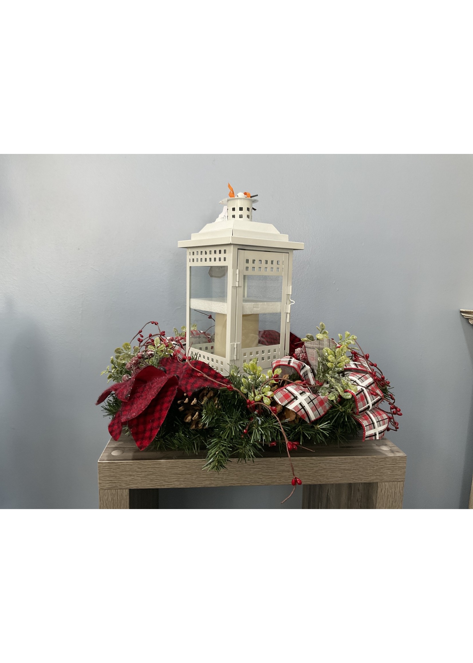 My New Favorite Thing Centerpiece Evergreen 15.5in White Lantern w/Red Check and Black Plaid