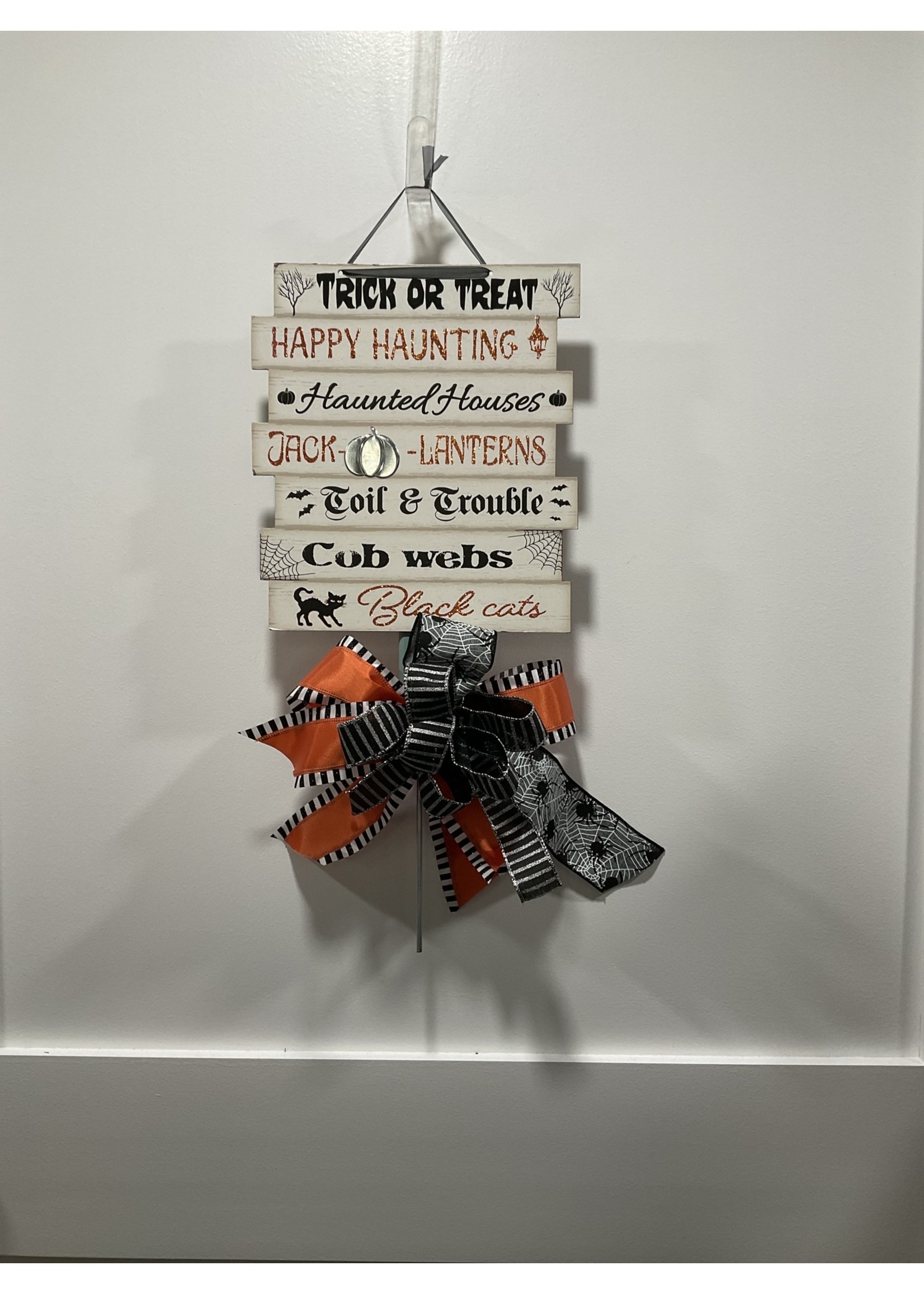 My New Favorite Thing 1879 Stake Sign 12 in-"Trick or Treat" w/Black Silver Stripe and Orange Ribbon
