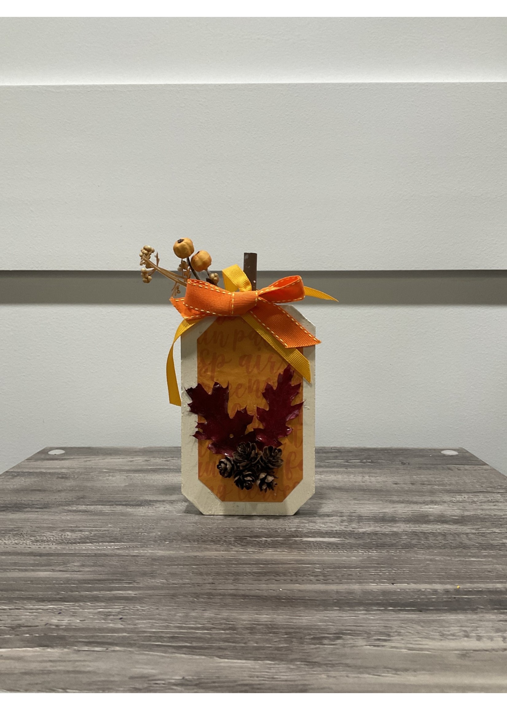 My New Favorite Thing 1349 Wooden Pumpkin 3.5x6.5-Orange Red Leaves w/Pinecones and Orange Ribbon