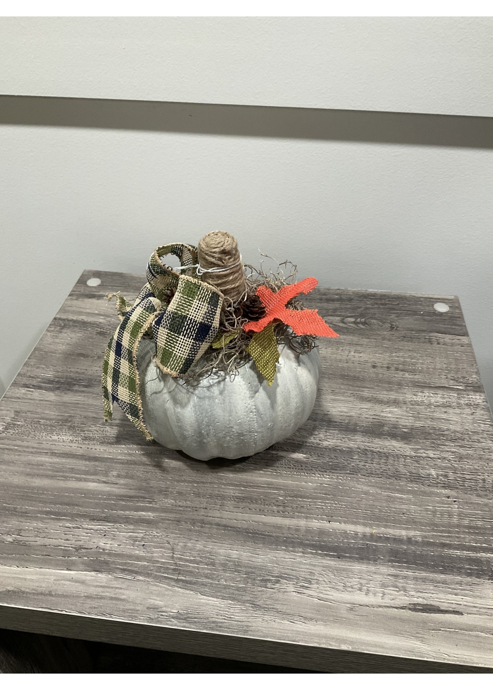 My New Favorite Thing Pumpkin Styrofoam 6x11 Grey w/Burlap Green and Blue Check Ribbon