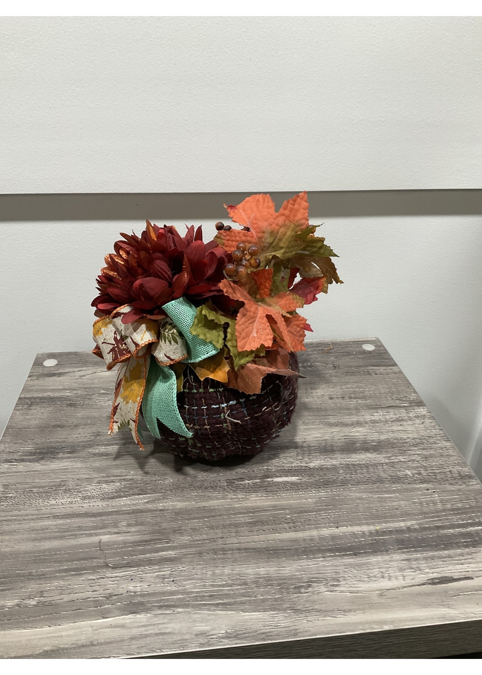 My New Favorite Thing Pumpkin Styrofoam 6x11 Brown w/Red Flower and Burlap Leaf Ribbon