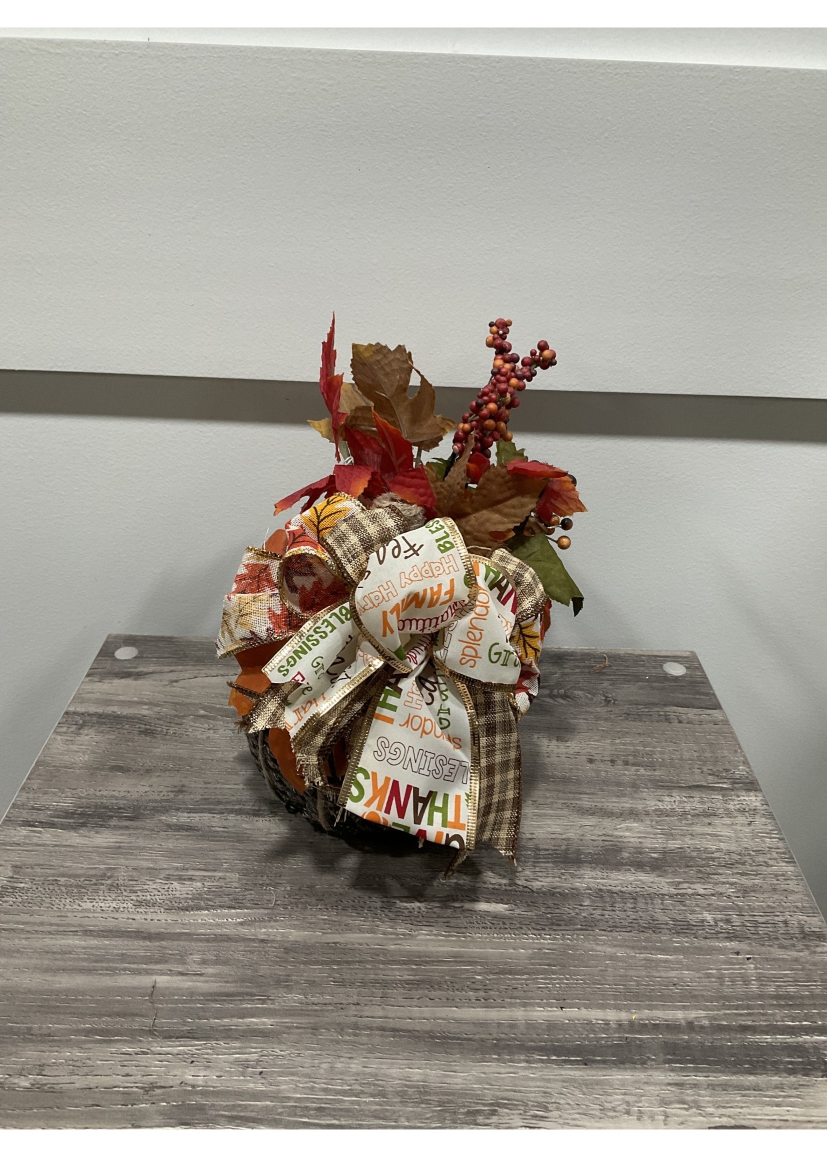 My New Favorite Thing Centerpiece Styrofoam Pumpkin 6x11-Brown and Black w/Leaves and Thanksgiving Ribbon
