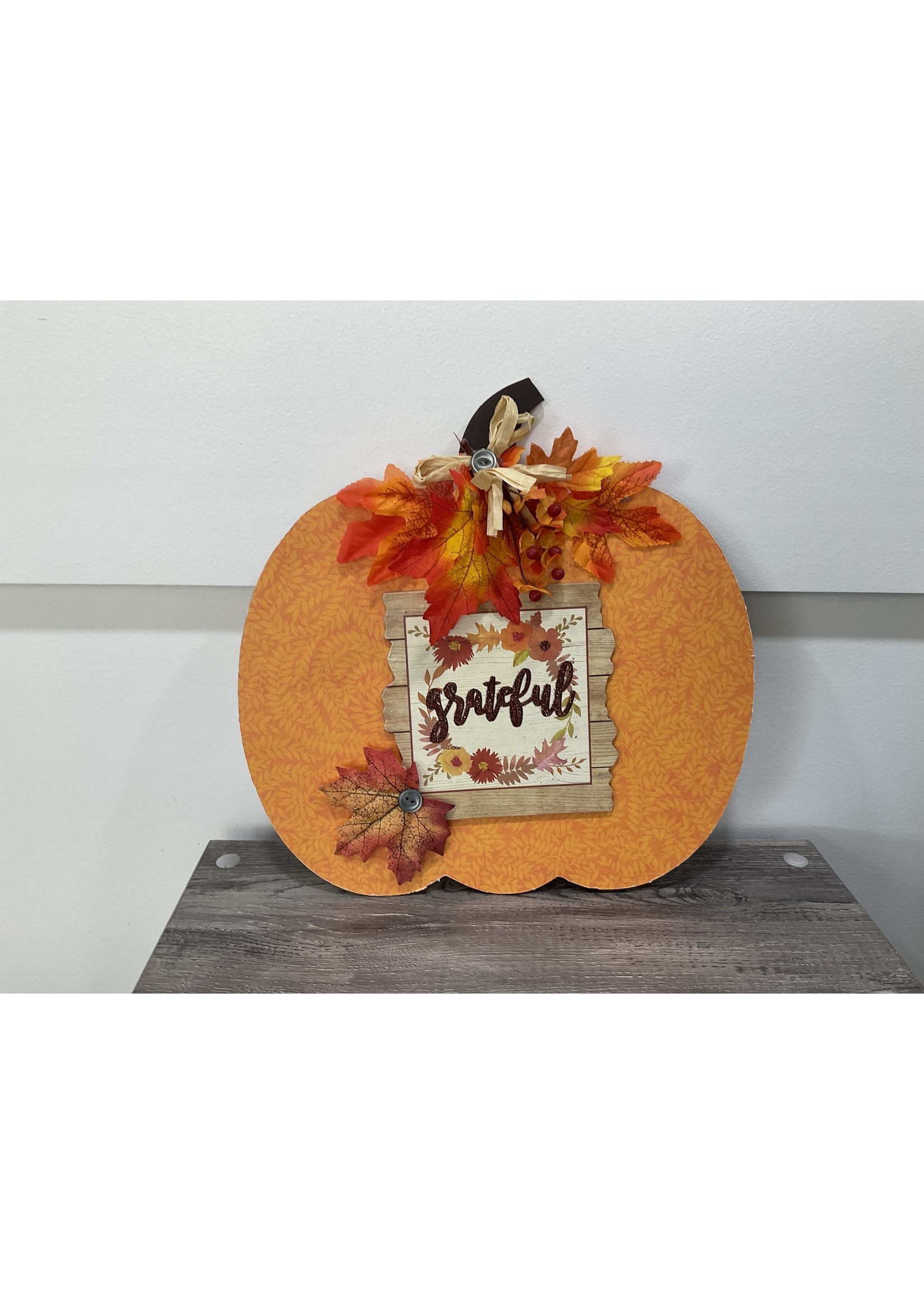 My New Favorite Thing 1907 Hanging Pumpkin 12x12-Orange "Grateful" w/Orange Leaves Berries and Grey Button