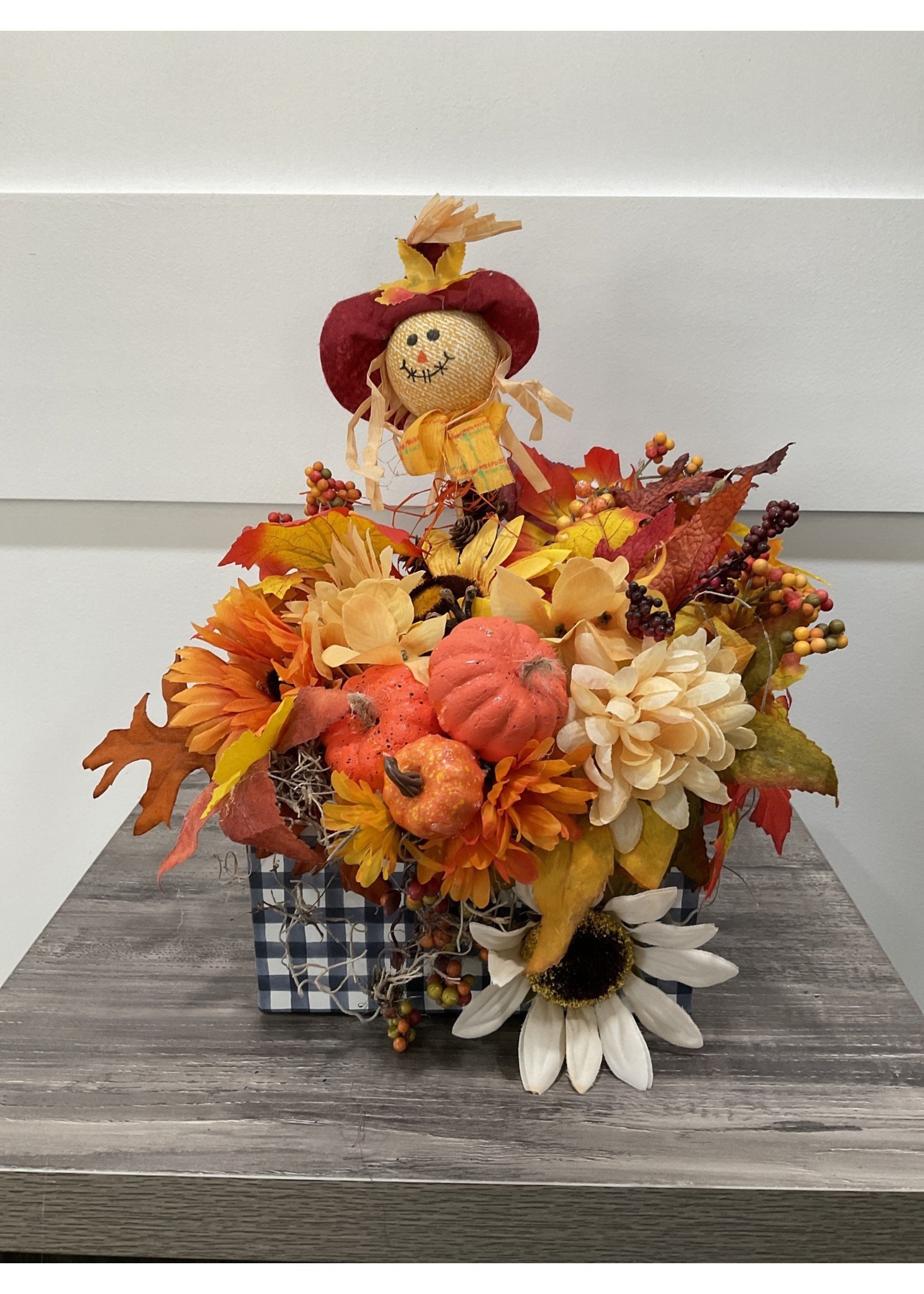 My New Favorite Thing Centerpiece Bouquet Display 12x10x12 Black Gingham w/Scarecrow Flowers and Pumpkins