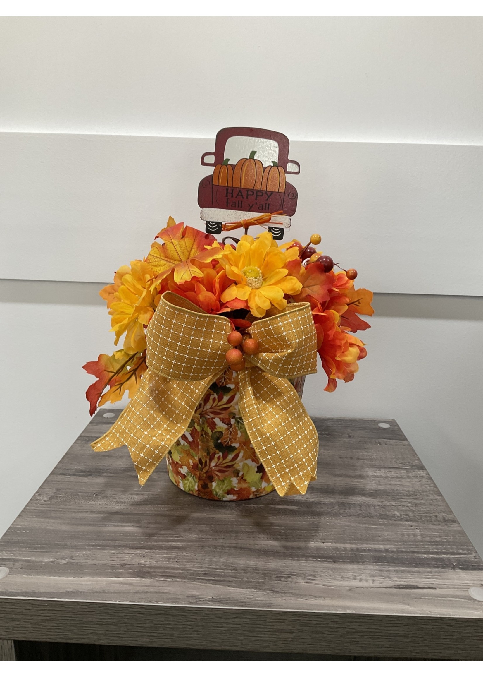 My New Favorite Thing Centerpiece Bouquet Display 10x10x14 Leaf Decoupage Pot w/"Happy Fall Y'All" Truck