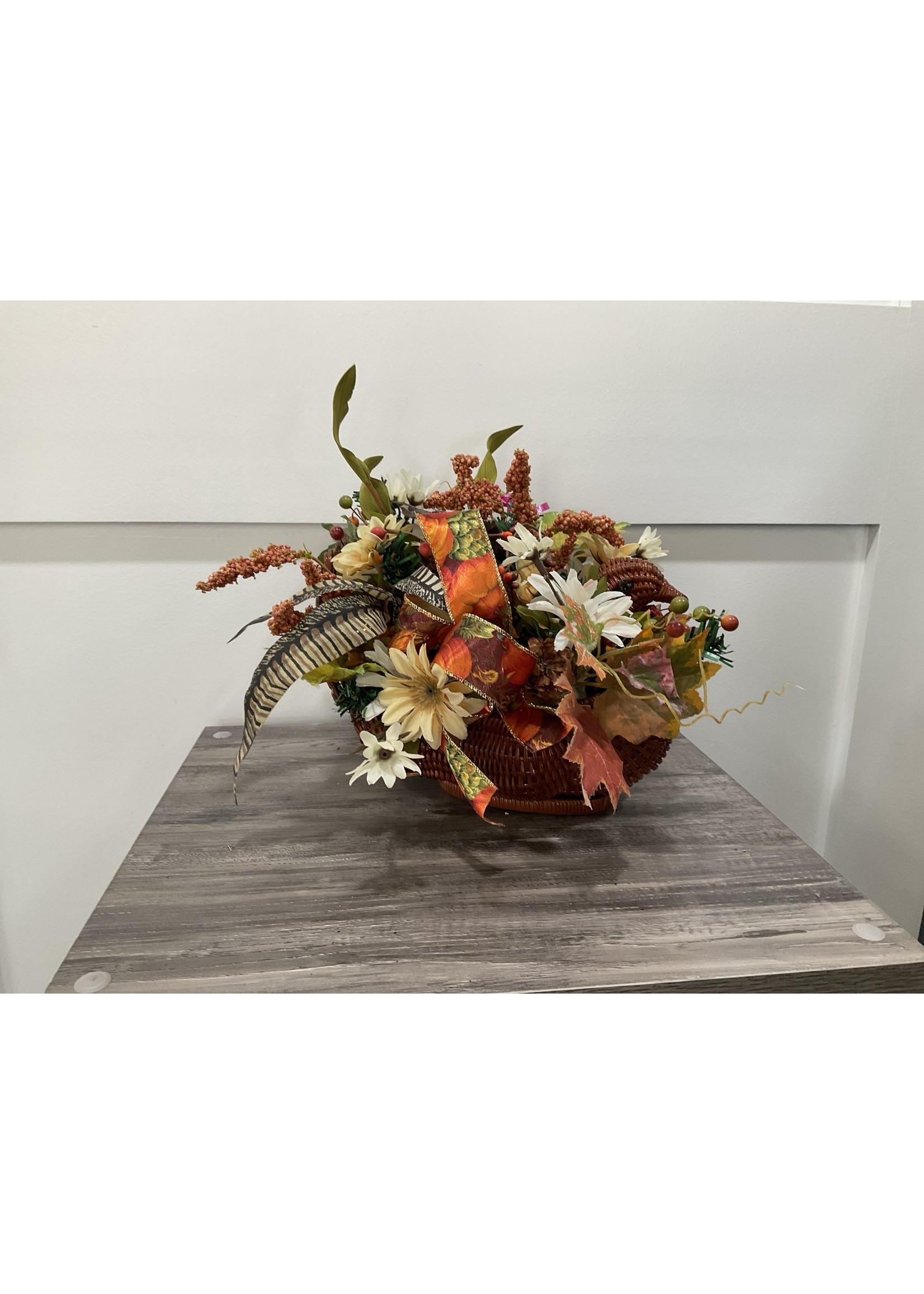 My New Favorite Thing Centerpiece 12x14x10 Wicker Turkey w/Flowers and Red Pumpkin Ribbon