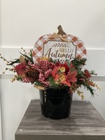 My New Favorite Thing Centerpiece Bouquet 21x20x20 Black Metal Pail w/Pumpkin "Hello Autumn" and Red Flowers and Red Gingham Ribbon