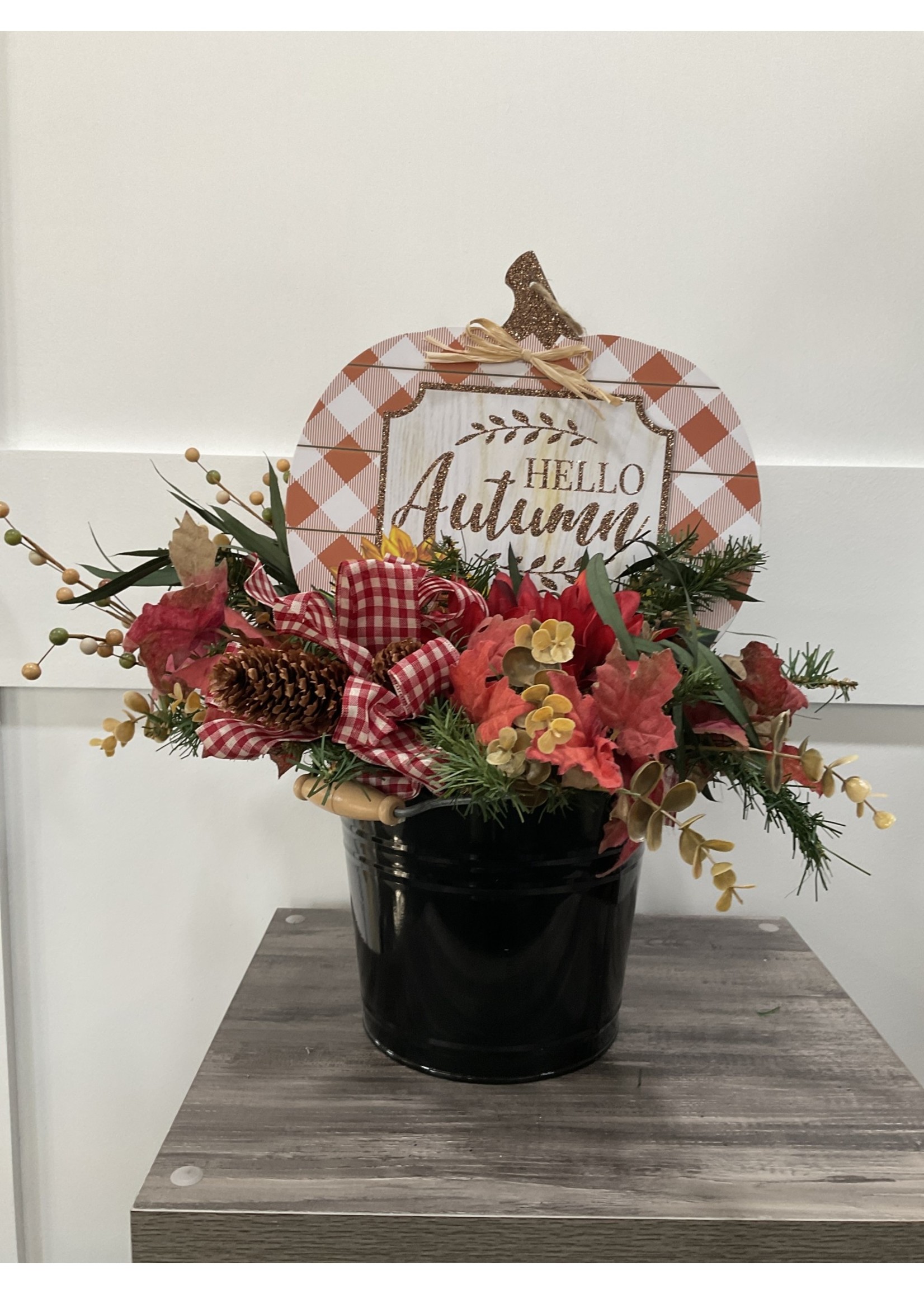 My New Favorite Thing Centerpiece Bouquet 21x20x20 Black Metal Pail w/Pumpkin "Hello Autumn" and Red Flowers and Red Gingham Ribbon