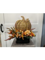 My New Favorite Thing Centerpiece 25x13x21 Black Metal Pail w/Gold Pumpkin Flowers Gold Feathers and Pumpkin Ribbon