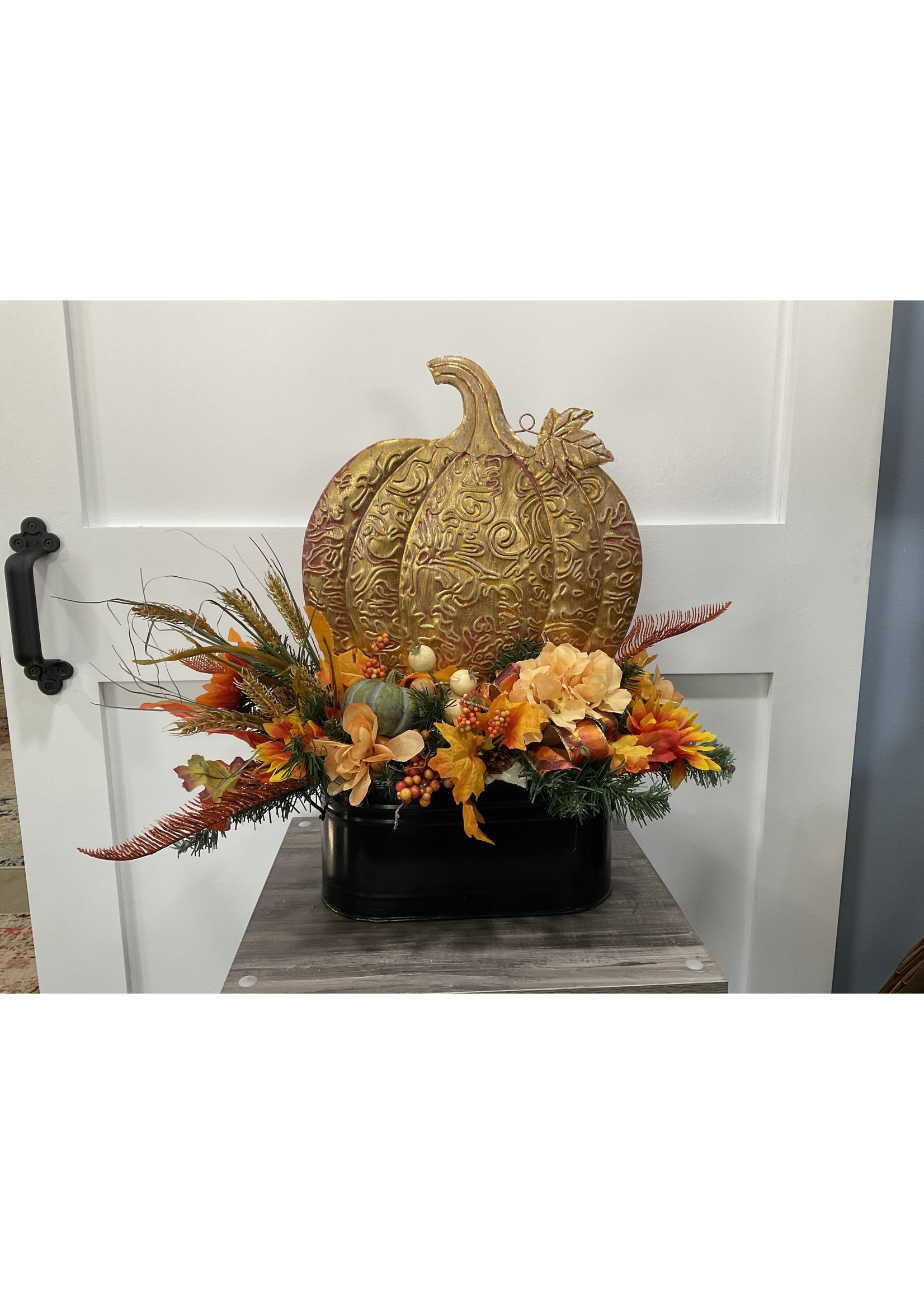 My New Favorite Thing Centerpiece 25x13x21 Black Metal Pail w/Gold Pumpkin Flowers Gold Feathers and Pumpkin Ribbon