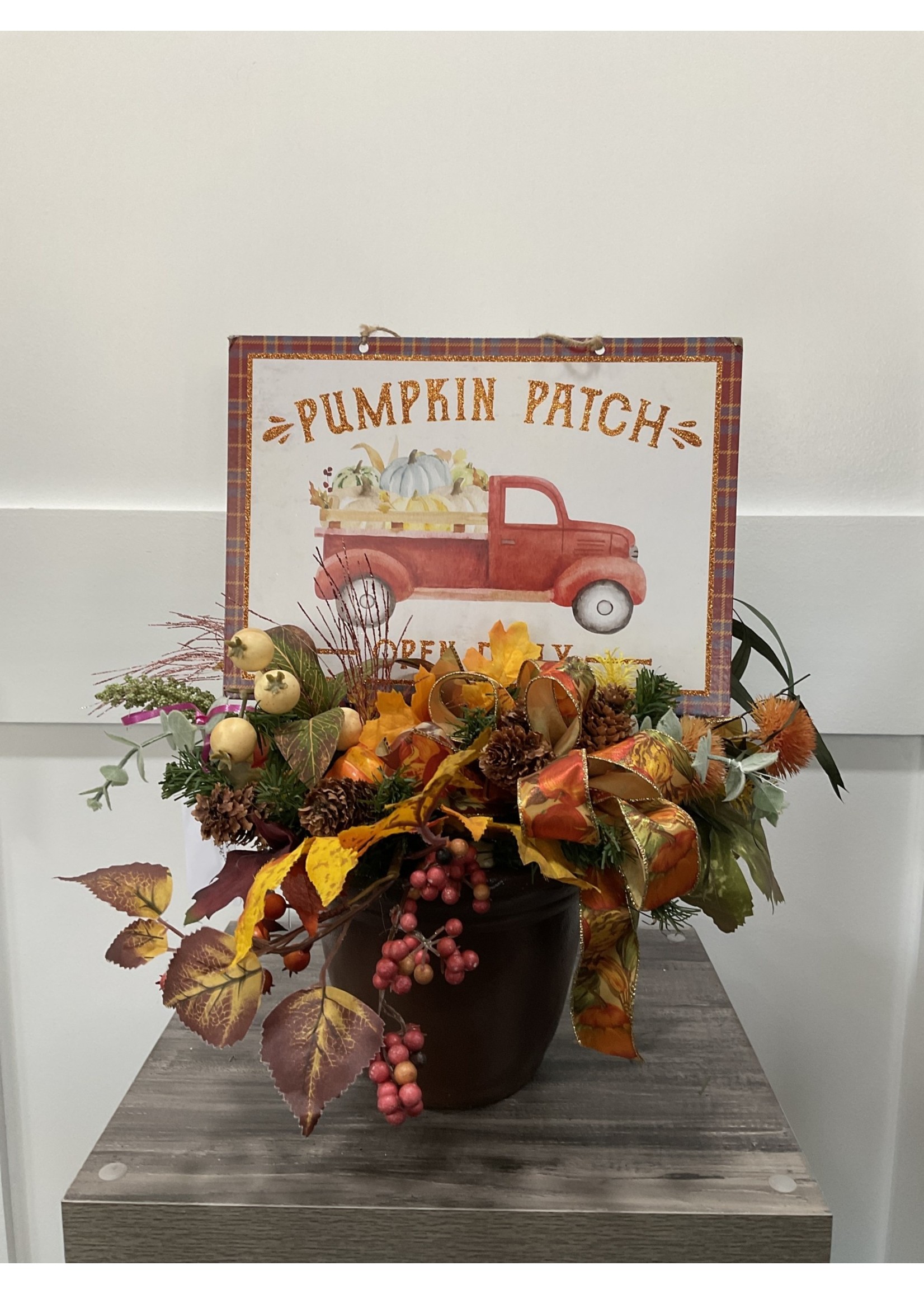 My New Favorite Thing Centerpiece 19x19x20 Black Container w/Red Truck "Pumpkin Patch" Pinecones and Pumpkin Ribbon