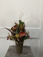 My New Favorite Thing 1681 Centerpiece 13x12x27-Brown Container w/Evergreen Red Flowers and Red Feathers