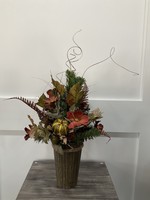 My New Favorite Thing Centerpiece 13x12x27 Brown Container w/Evergreen, Red Flowers and Red Feathers