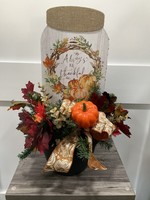 My New Favorite Thing Centerpiece 18x19x21-Black Container w/Jar "Always Be Thankful" Pumpkins and Gold Pumpkin Ribbon