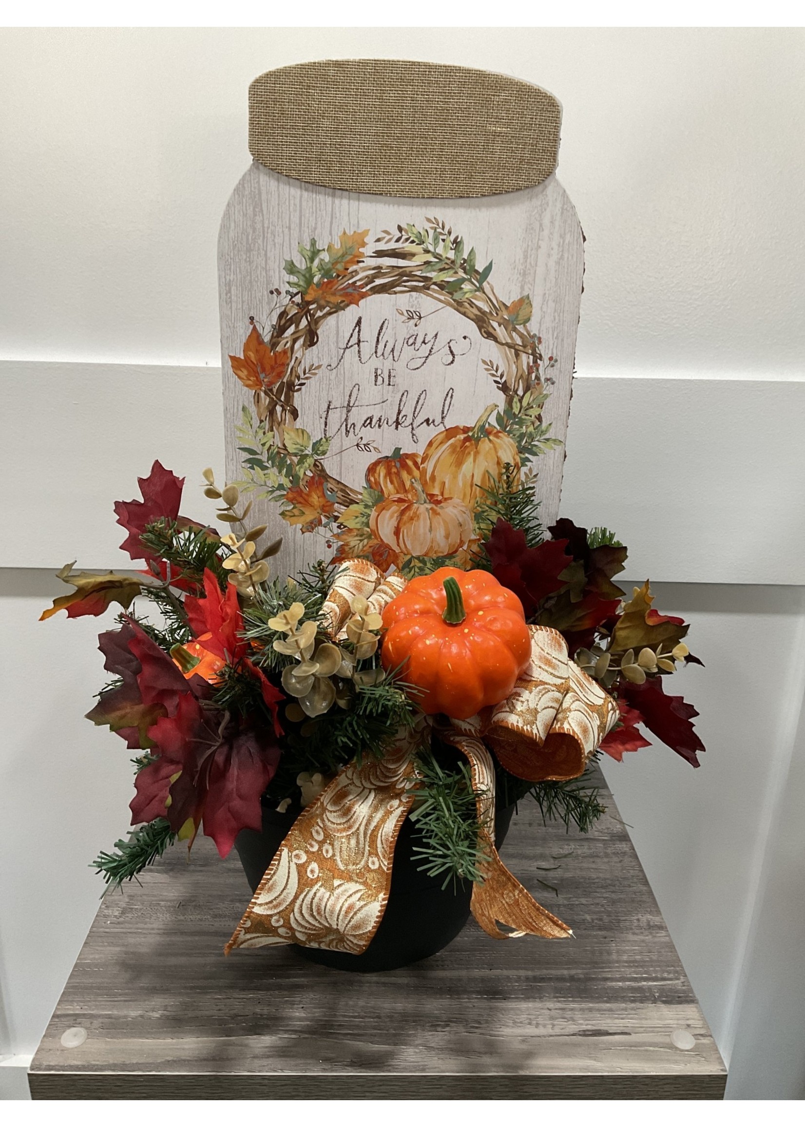 My New Favorite Thing Centerpiece 18x19x21-Black Container w/Jar "Always Be Thankful" Pumpkins and Gold Pumpkin Ribbon