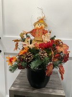 My New Favorite Thing 1693 Centerpiece 20x20x26-Black Container w/Scarecrow and Evergreen Leaves Flowers and Pinecones