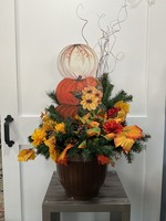 My New Favorite Thing 1728 Centerpiece 24x21x38-Brown Container w/3 Pumpkins Orange/Yellow Flowers and Green Pumpkin Ribbon