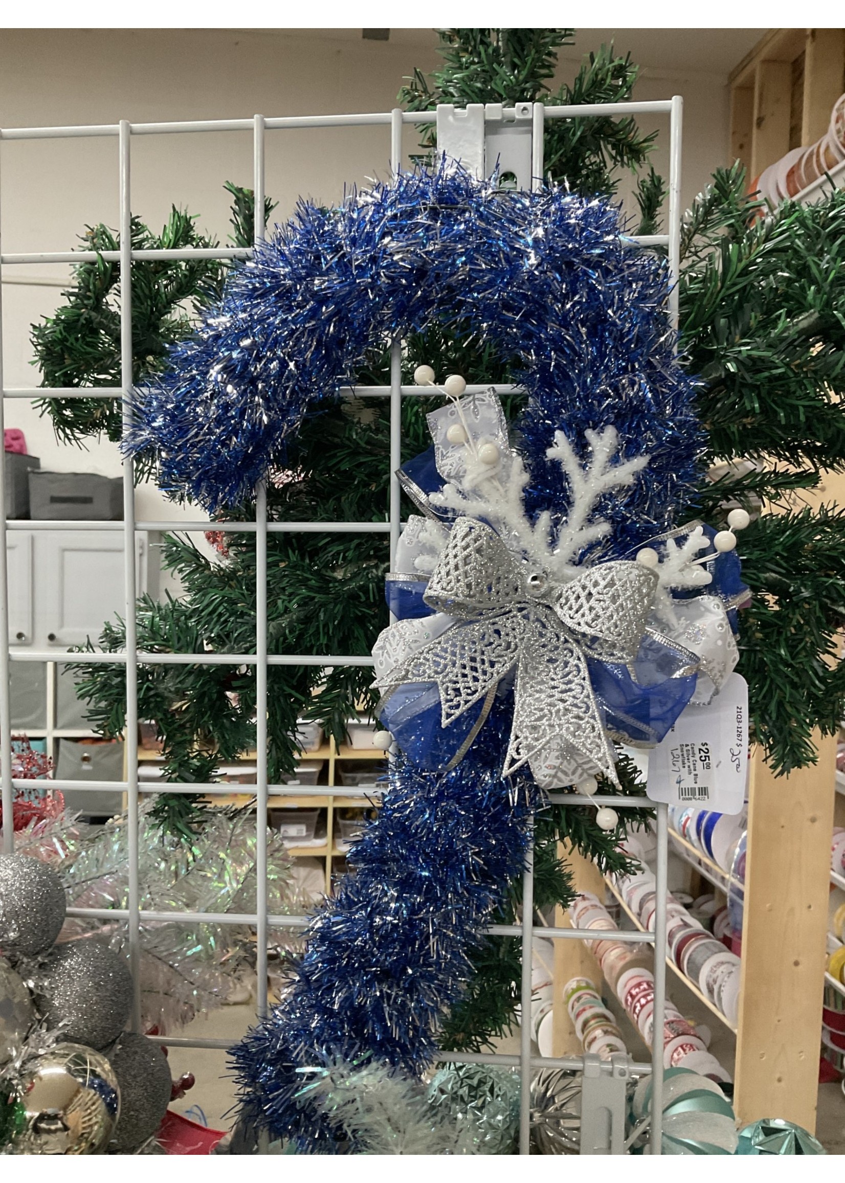 My New Favorite Thing Wreath Candy Cane Blue Tinsel with Silver Bow and Blue and Silver Snowflake Ribbons